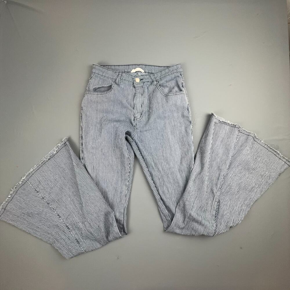 Saints & Hearts Striped Flare Jeans Bell Bottom Raw Hem 28 Boho